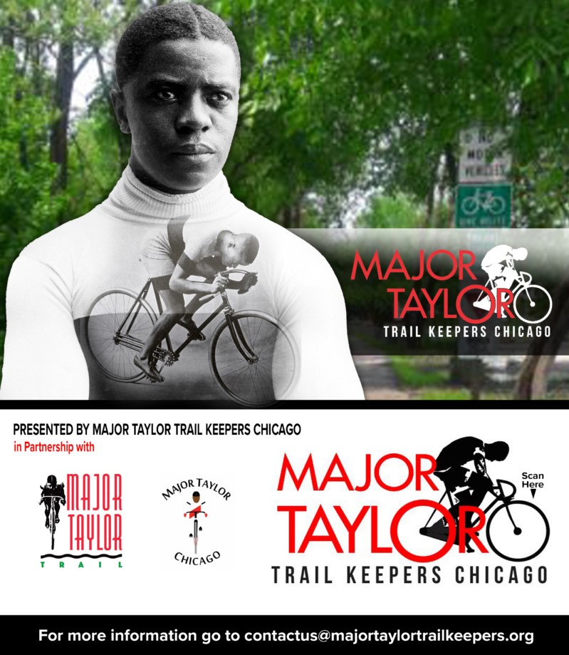 Collage of Major Taylor, Taylor on a bike and the Major Taylor trail