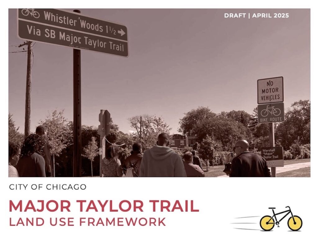 Billboard about Major Taylor Trail and cover of new land use report